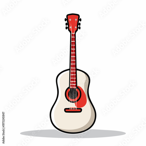 Red and white acoustic guitar instrument.
