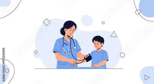 Nurse checks young boy's blood pressure, medical checkup, healthcare concept