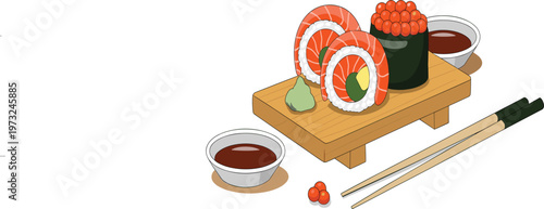 Salmon sushi rolls and gunkan on wooden board, Japanese food with chopsticks vector illustration