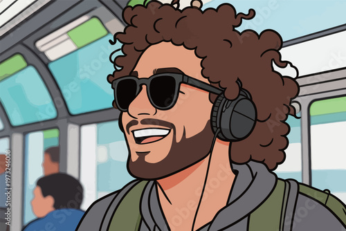 Smiling Man with Headphones on Public Transport