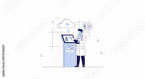 Doctor using digital kiosk for telemedicine and cloud healthcare data