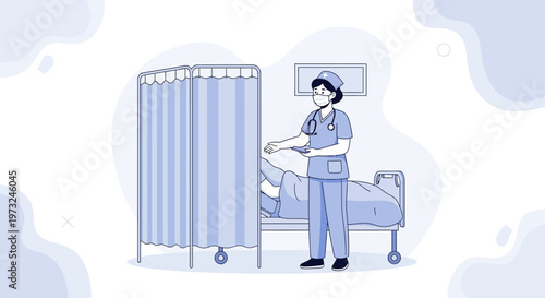 Nurse caring for patient in hospital room with privacy screen