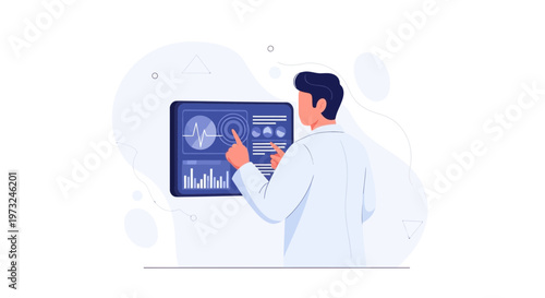 Doctor analyzing medical data on futuristic touchscreen interface