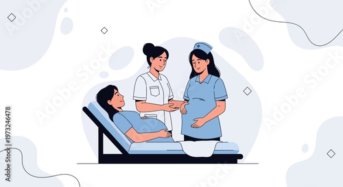 Pregnant Woman with Nurses in Hospital Room - Maternity Care Illustration