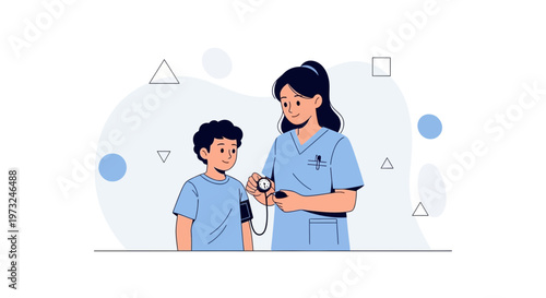 Nurse checks child's blood pressure, healthcare illustration