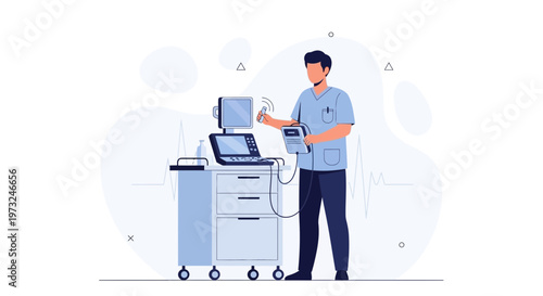 Doctor operating medical equipment, modern healthcare technology, patient care illustration