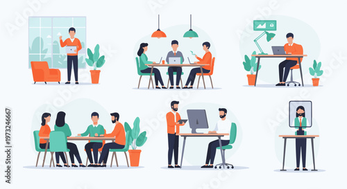 Diverse Business Team Collaborating and Working Together in Various Office Settings.