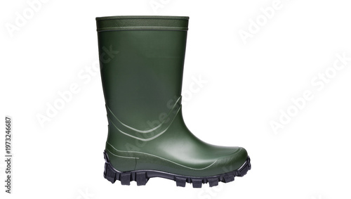 Isolated dark green rubber boot, a durable waterproof shoe for gardening and outdoor activities.