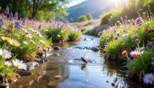 Insect touching water in a sunny meadow stream with flowers