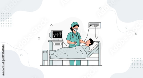 Nurse Caring for Patient in Hospital Bed with Medical Monitor