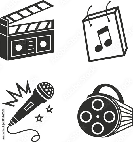 Film, music, and entertainment icons, vector set, black and white