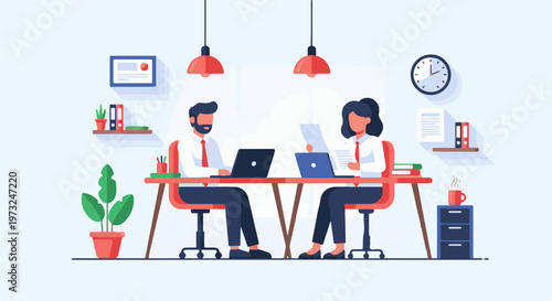 Two business professionals working diligently at their desks.