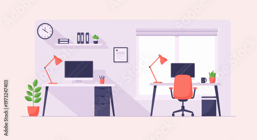 Modern office workspace with two desks and computers 1.