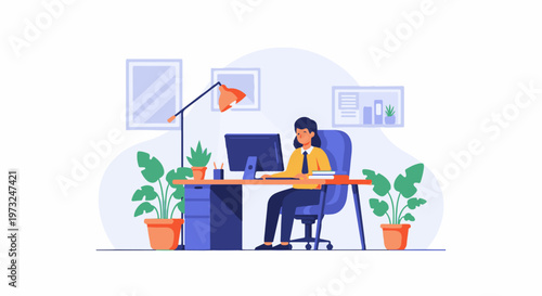 Woman working on computer at desk in office setting.