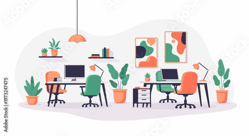 Modern office interior with two desks computers chairs and potted plants.