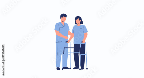 Nurse assisting elderly patient with walker, rehabilitation and care concept