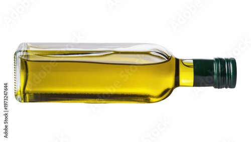 Foto Isolated glass bottle of golden olive oil lying horizontally with a dark green screw cap