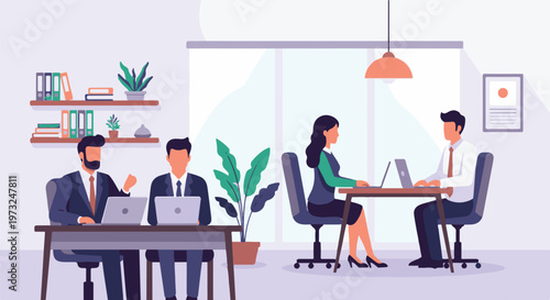 Business professionals collaborating and interviewing in a modern office setting.