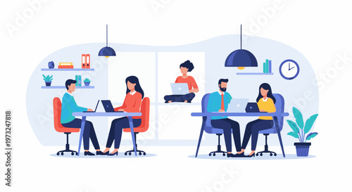 Diverse team collaborating in a modern office environment.