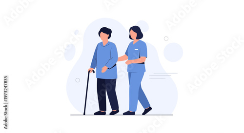 Nurse assisting elderly woman with cane, healthcare support, medical care, home assistance
