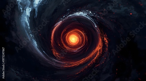Dark abstract vortex with a glowing fiery core, swirling energy and liquid textures, cinematic lighting, deep contrast, and mysterious sci-fi atmosphere.