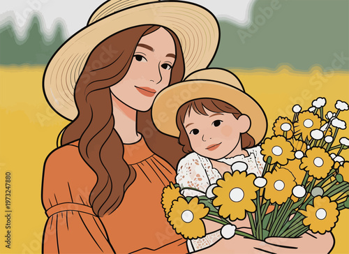 Mother and Daughter in Sunflowers Field with Hats