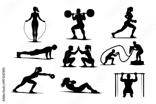 フィットネス・トレーニングシルエット
Fitness workout silhouette set of 9 isolated on white background