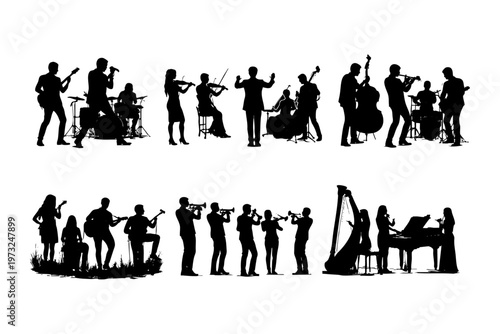 音楽バンド・演奏シルエット
Musician band silhouette set of 9 isolated on white background