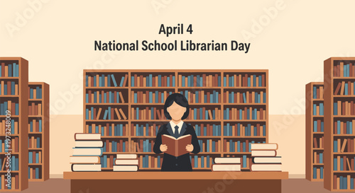 National School Librarian Day April 4 Library Illustration, Librarian Reading Book Behind Desk with Bookshelves, Education Literacy and Knowledge Concept Flat Vector Design