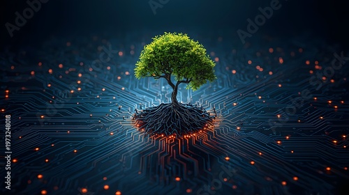 Green tree growing from a glowing circuit board, symbolizing sustainable technology, digital growth, and eco-friendly innovation in a futuristic environment.