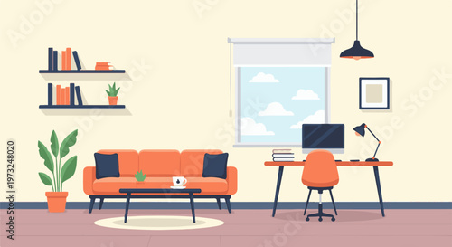 Modern Living Room with Home Office Setup.