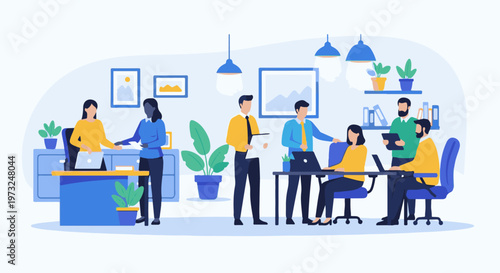 Diverse business team collaborating in a modern office environment.