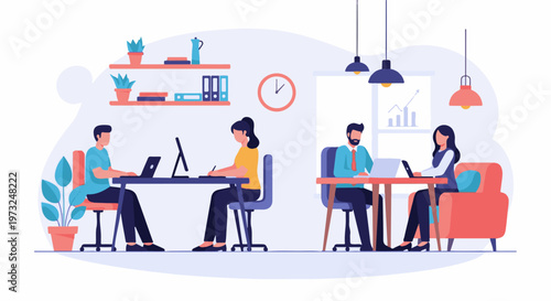 Diverse team of professionals collaborating in a modern office environment.