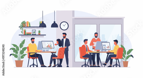 Diverse business team collaborating in a modern office setting.