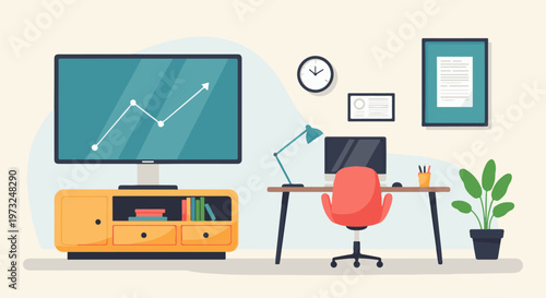 Modern Home Office Setup with Large Screen Displaying a Graph.