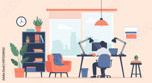 Person working remotely at a desk in a home office.