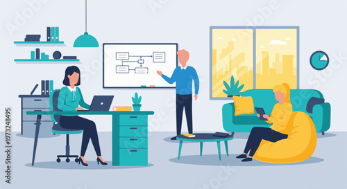 Three people collaborating in a modern office environment 1.