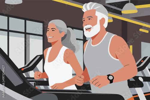 Senior Couple Exercising on Treadmill in Gym