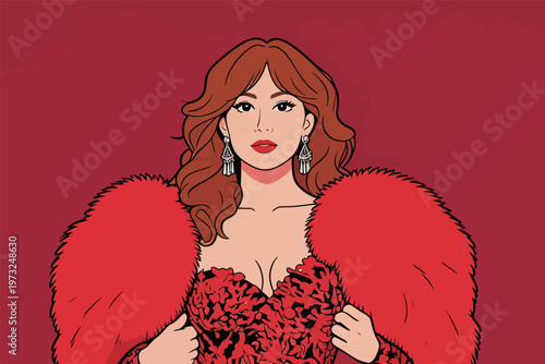 Stylish Woman in Red Outfit with Fur Coat