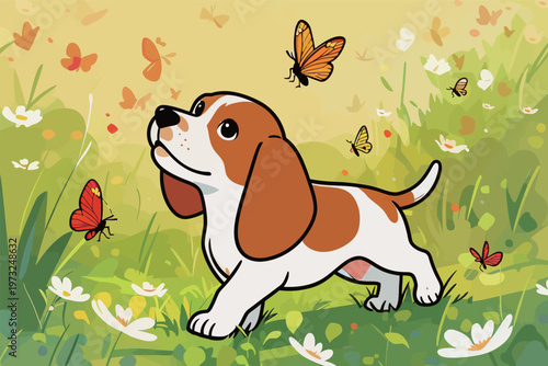 Cute Beagle Puppy Playing in Flower Meadow with Butterflies