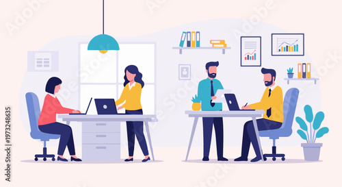 Diverse team of professionals collaborating in a modern office environment.