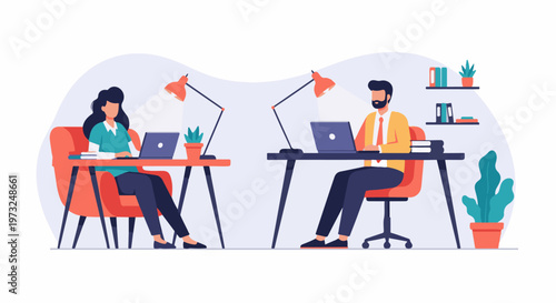 Two people working on laptops at separate desks in an office setting.