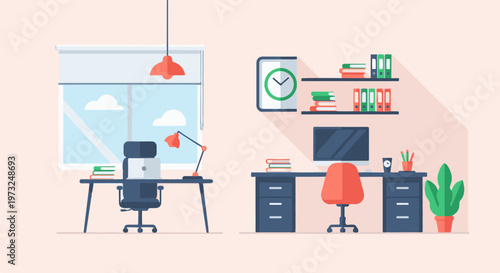 Modern home office workspaces with desk chair computer and window.