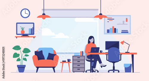 Woman working remotely from home office with laptop.