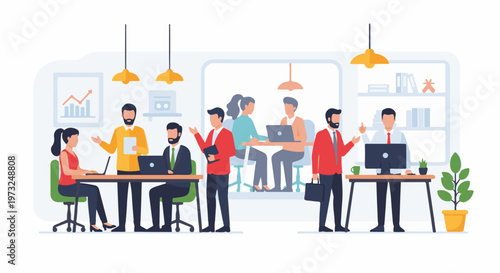 Business professionals collaborating in a modern office environment.