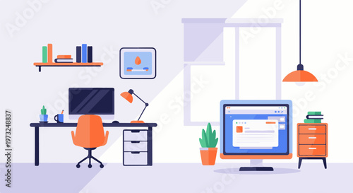 Modern Home Office Setup with Computer and Desk 1.