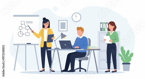 Business team collaborating on a project in an office setting.