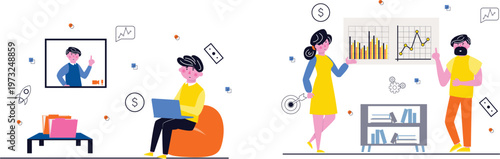 Illustrated depiction of modern remote work and financial management activities