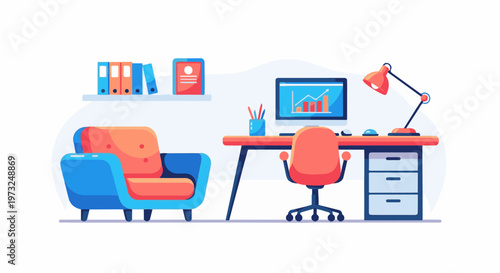 Modern Home Office Setup with Desk Chair Computer and Armchair.