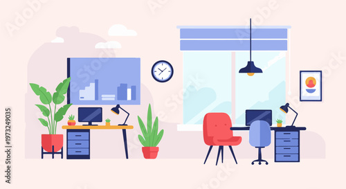 Two modern home office setups with desks computers and plants for remote work 1.